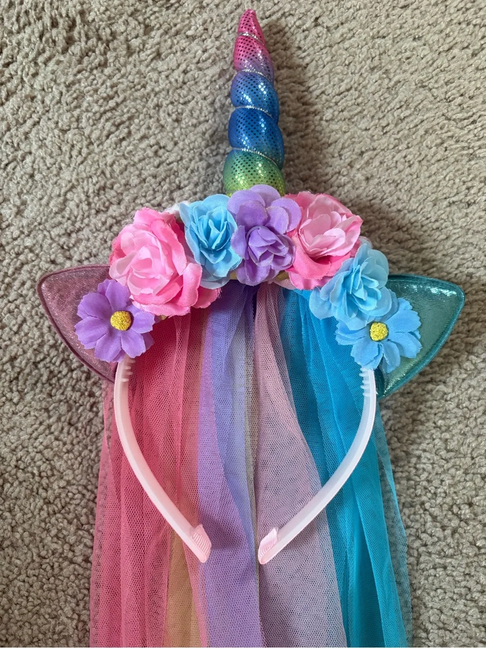 Rainbow Unicorn Headband with Floral Accents